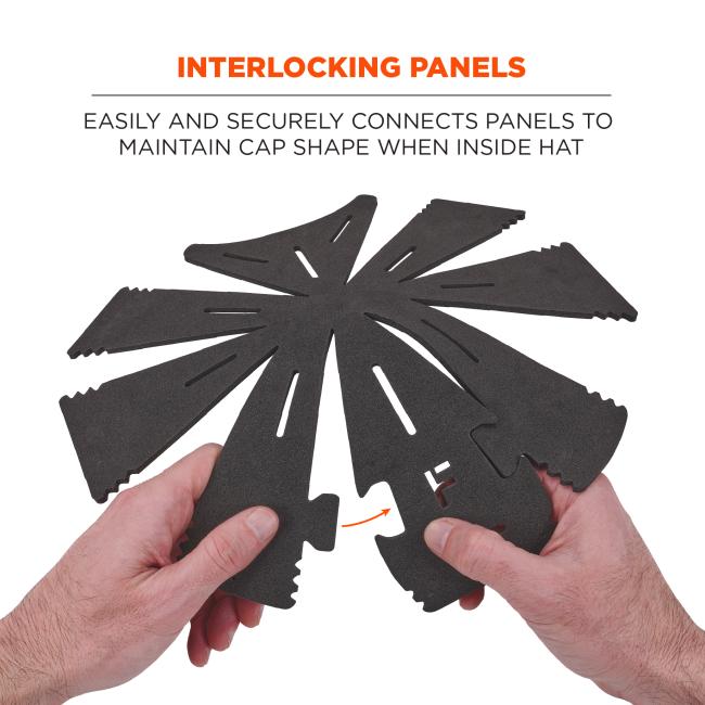 Interlocking panels. Easily and securely connects panels to maintain cap shape when inside hat