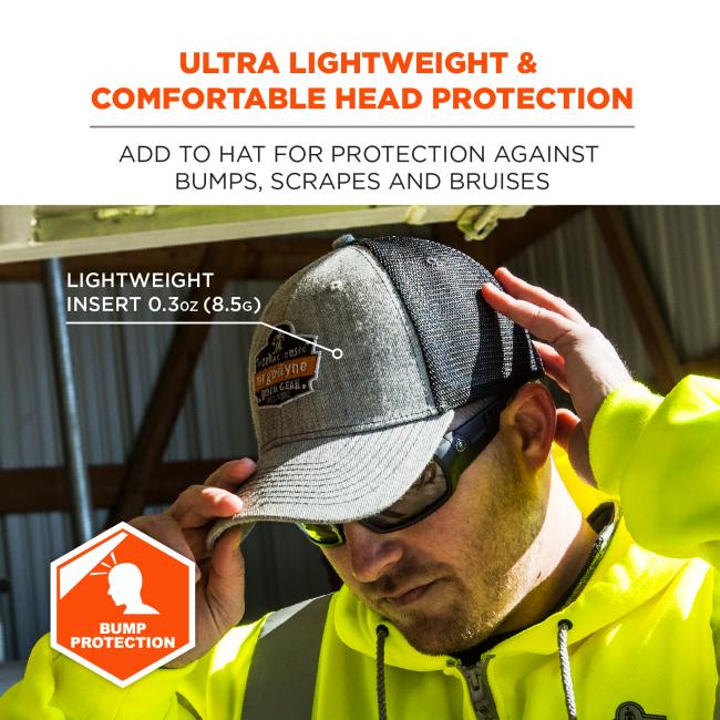 Ultra lightweight & comfortable head protection. Add to hat for protection against bumps, scrapes and bruises. Lightweight insert, 0.3 oz. Impact resistant.