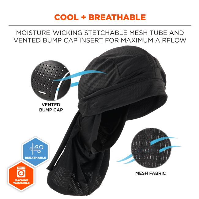 Cool and breathable: moisture-wicking stretchable mesh tube and vented bump cap insert for maximum airflow. Mesh fabric