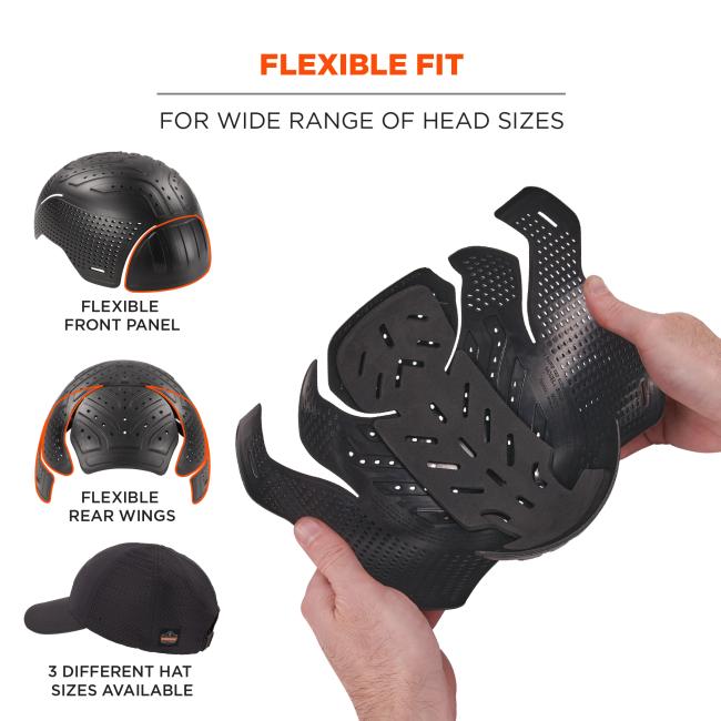 Flexible fit for wide range of heads. Flexible front panel, flexible rear wings. 3 different hat sizes available