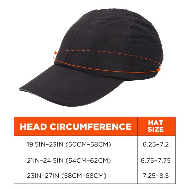 Size chart: Head Circumference 19.5IN-23IN (50CM-58CM): Hat Size 6.25-7.2. Head Circumference 21IN-24.5IN (54CM-62CM): Hat Size 6.75-7.75. Head Circumference 23IN-27IN (58CM-68CM): Hat Size 7.25-8.5