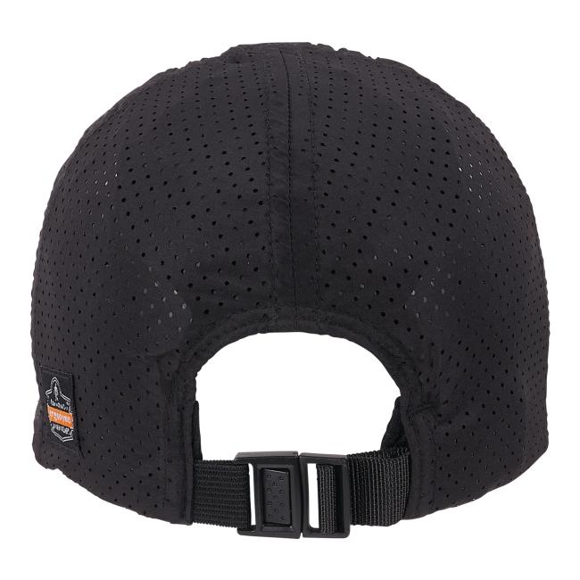 Back view of black lightweight baseball hat with bump cap insert