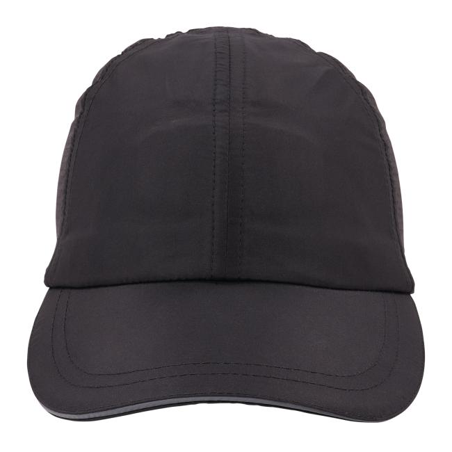 Front view of black lightweight baseball hat with bump cap insert