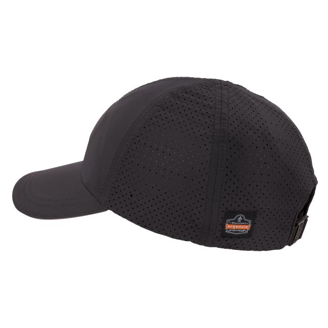 Profile view of black lightweight baseball hat with bump cap insert