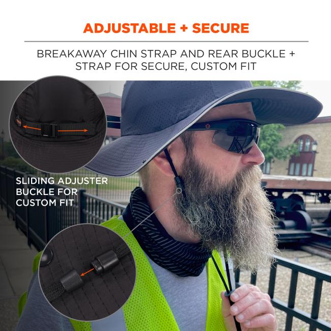 Adjustable and secure: breakaway chin strap and rear buckle/strap for secure, custom fit. Sliding adjuster buckle for custom fit.