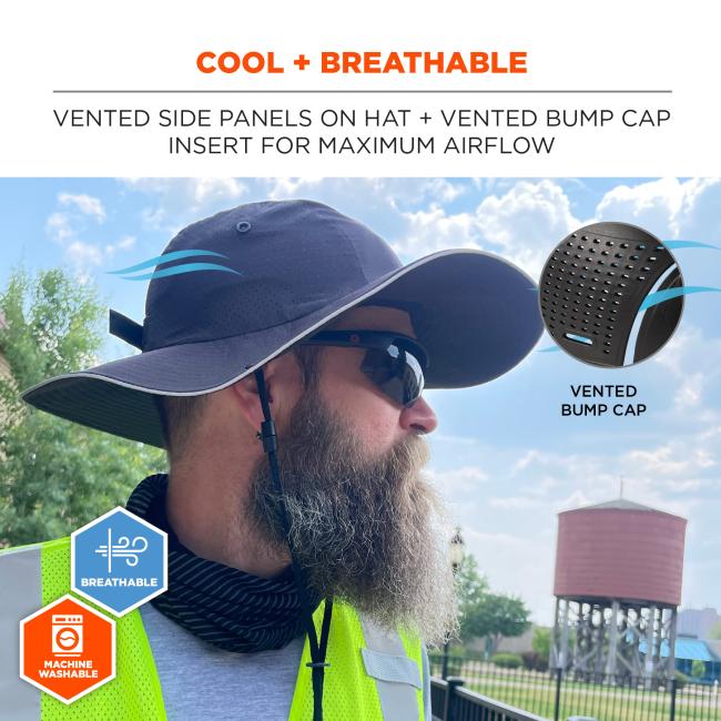 Cool and breathable: vented side panels on hat and vented bump cap insert for maximum airflow. Machine washable