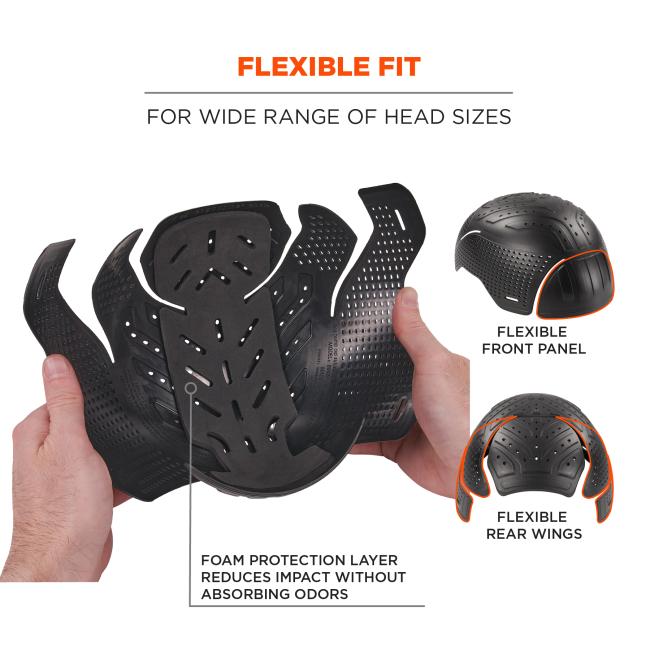 Flexible fit for wide range of heads. Flexible front panel, flexible rear wings. Foam protection layer reduces impact without absorbing odors