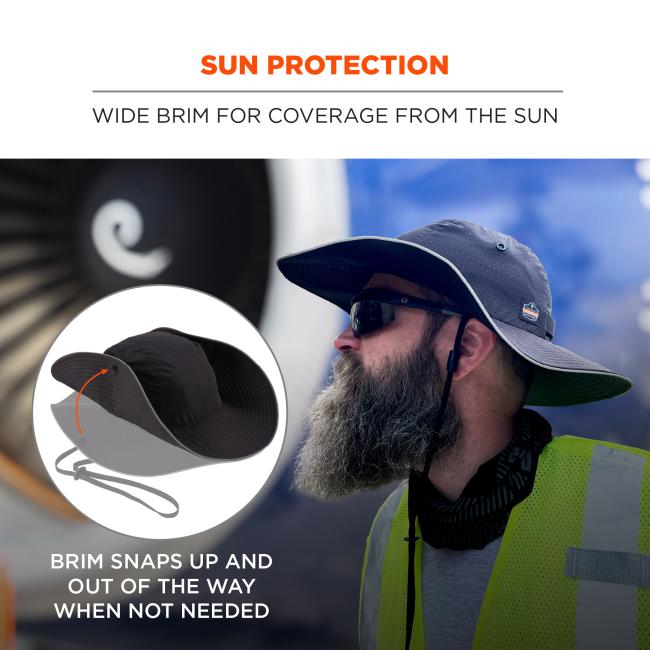 Sun protection: wide brim for coverage from the sun, brim snaps up and out of the way when not needed