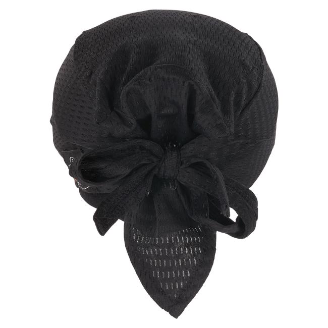 Back view of black mesh durag bandana with bump cap insert with back tied