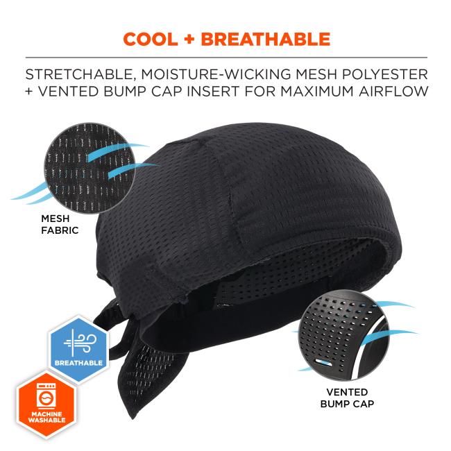 Cool and breathable: stretchable, moisture-wicking mesh polyster and vented bump cap insert for maximum airflow.