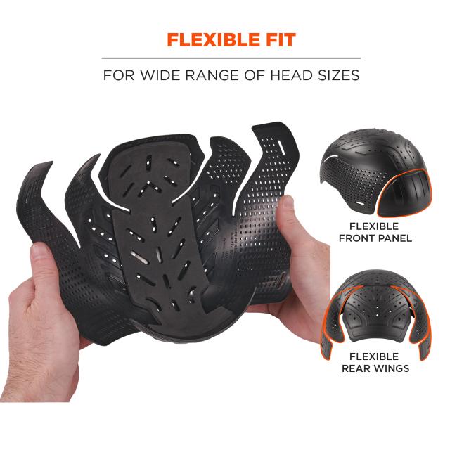 Flexible fit for wide range of heads. Flexible front panel, flexible rear wings