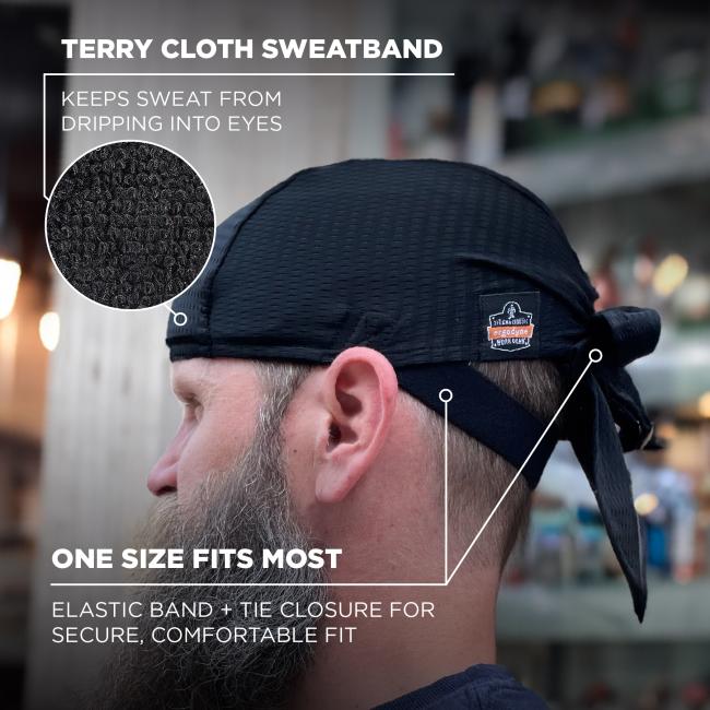 Terry cloth sweatband keeps sweat from dripping into eyes. One size fits most, elastic band plus tie closure for secure comfortable fit