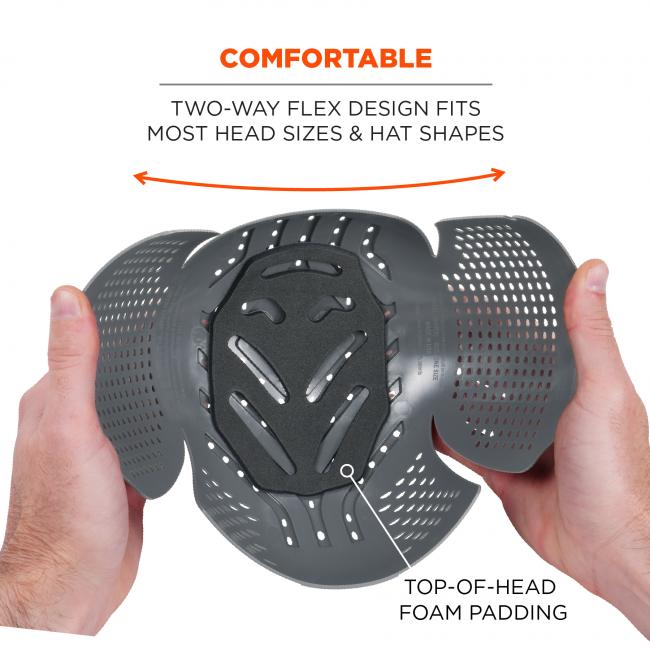 Comfortable: two-way flex design fits most head sizes and hat shapes. Image says “top-of-head foam padding”