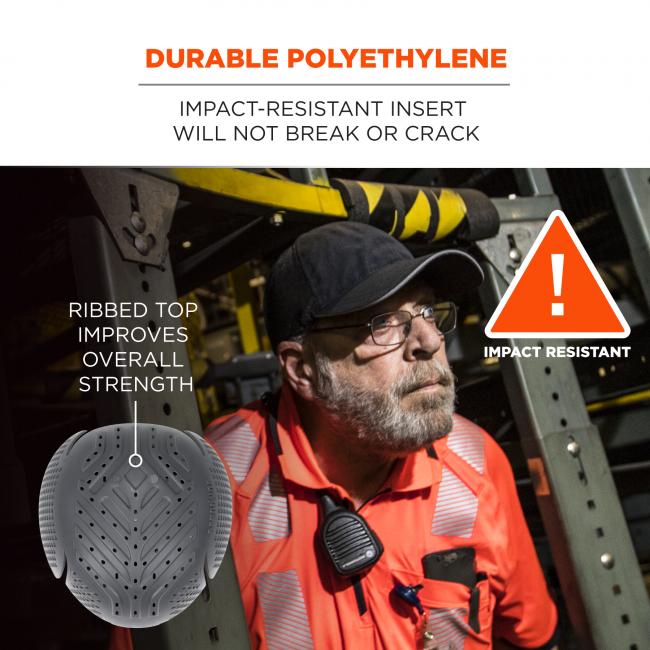 Durable polyethylene: impact-resistant insert will not break or crack. Image says “ribbed top improves overall strength” and “impact resistant”