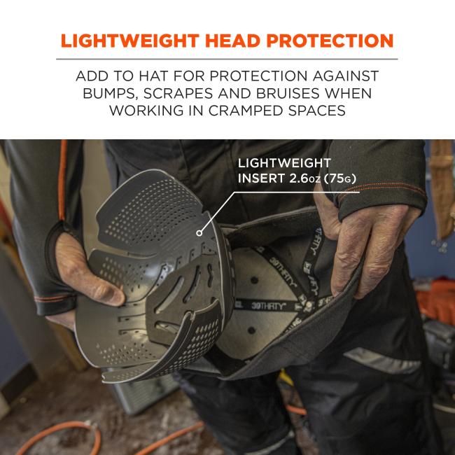 Lightweight head protection: add to hat for protection against bumps, scrapes and bruises when working in cramped spaces. Image points to bump cap and says “Lightweight insert 2.6oz(75g).”