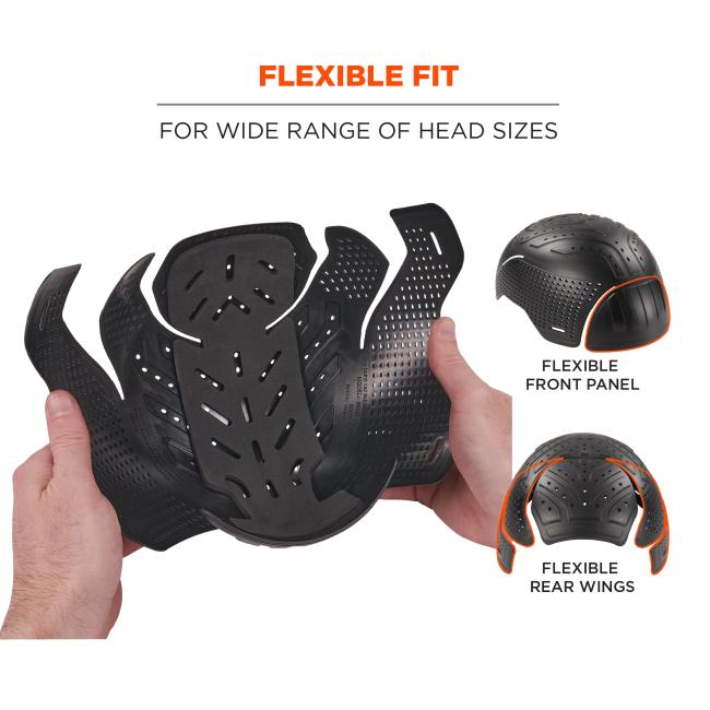 Flexible fit for wide range of heads. Flexible front panel, flexible rear wings