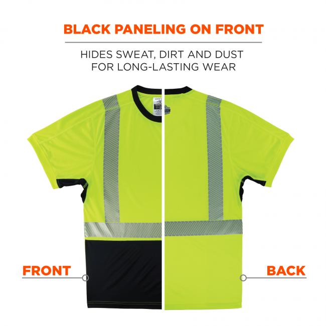 Black paneling on front: hides sweat, dirt and dust for long lasting wear. Image shows back of shirt vs front. 