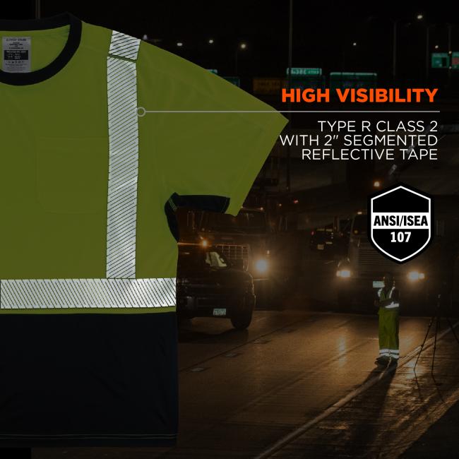 High visibility: type r class 2 with 2” segmented reflective tape. Icon says ANSI/ISEA 107. Image shows shirt detail and reflective tape on construction workers glowing at night