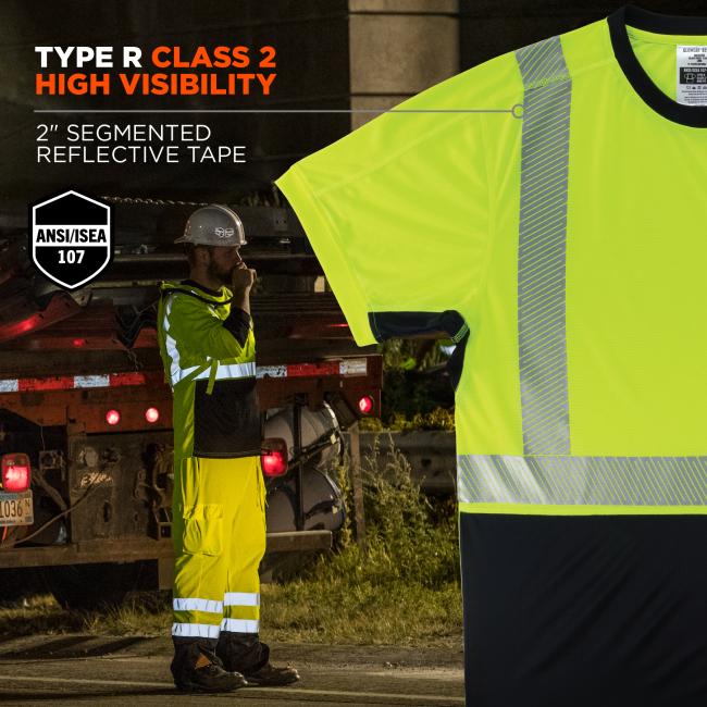 High visibility: type r class 2 with 2” segmented reflective tape. Meets ANSI/ISEA 107 standard. Image shows shirt detail and reflective tape on construction workers glowing at night