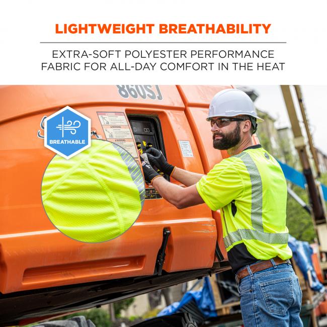 Lightweight breathability: extra-soft polyester performance fabric for all-day comfort in the heat. Image shows worker in shirt. Circles show detail of fabric with icon that says “breathable”. 