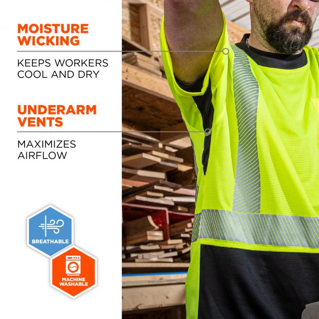 Moisture-wicking: keeps workers cool and dry. Under arm vents: maximizes airflow. Image shows worker in shirt with arm lifted up. Icons on the bottom read “breathable” and “machine washable”.