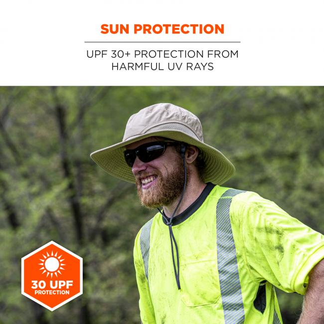 Sun protection: UPF 30+ protection from harmful UV rays. Icon says “30 UPF Protection” and image shows worker outside shirt. 