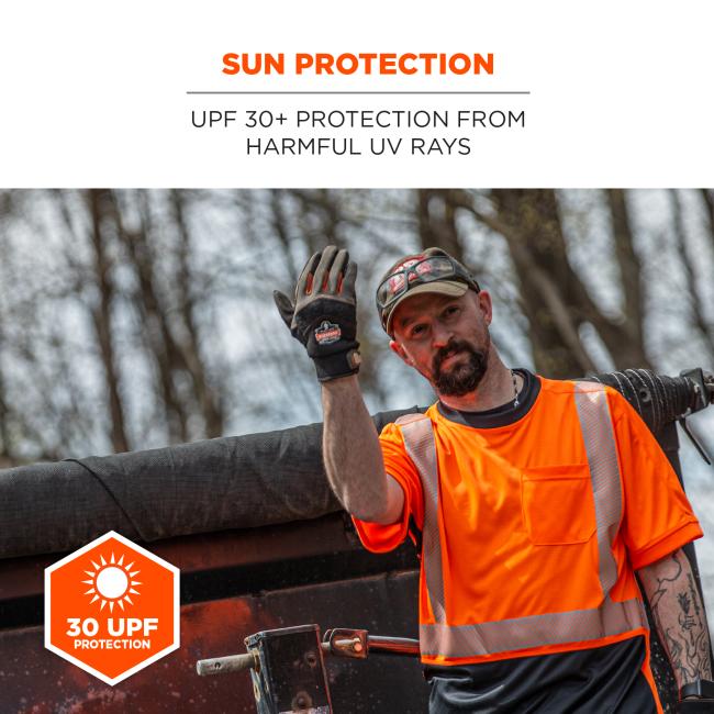 Sun protection: UPF 30+ protection from harmful UV rays. Icon says “30 UPF Protection” and image shows worker outside shirt. 