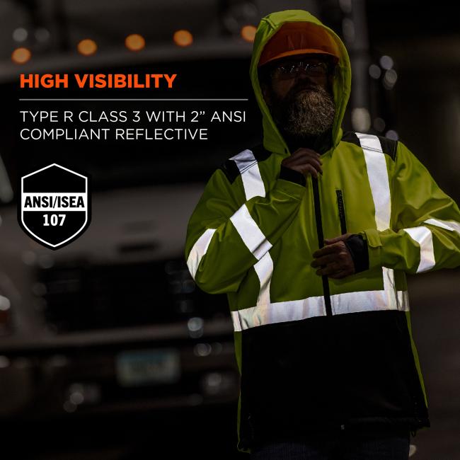 High visibility: type r class 3 with 2” ANSI/ISEA 107 compliant reflective