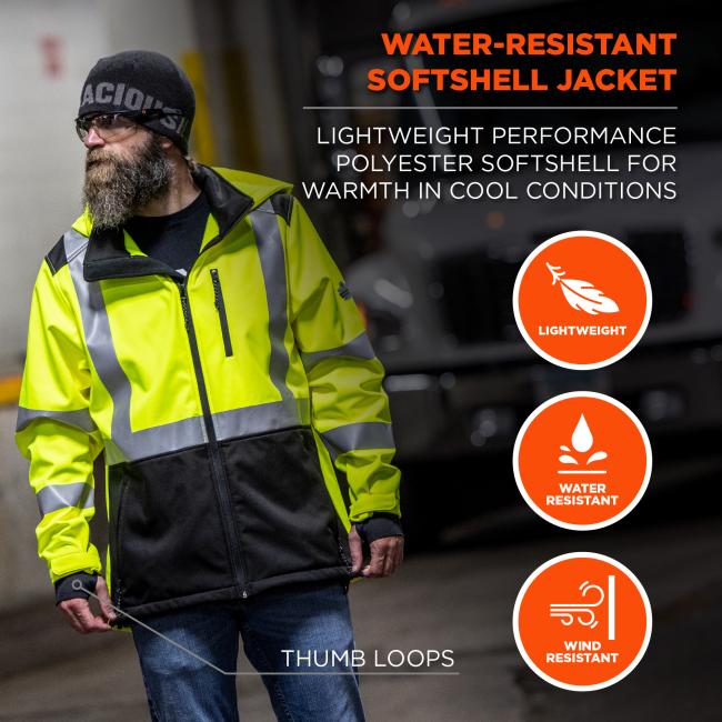 Water-resistant soft-shell jacket: lightweight performance polyester soft-shell for warmth in cool conditions. Lightweight, water resistant, wind resistant. Thumb loops.