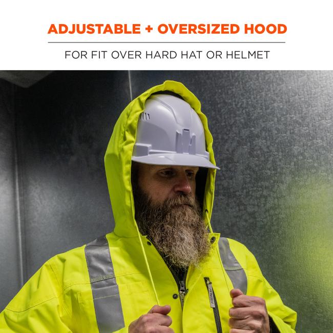 Adjustable and oversized hood for fit over hard hat or helmet