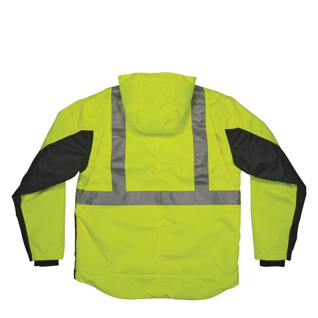 Back of heavy duty hi vis workwear jacket.