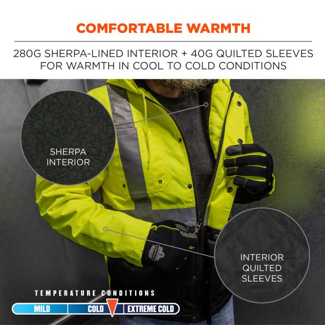 Comfortable warmth. 280g sherpa-lined interior and 40g quilted sleeves for warmth in cool to cold conditions. Sherpa interior and interior quilted sleeves