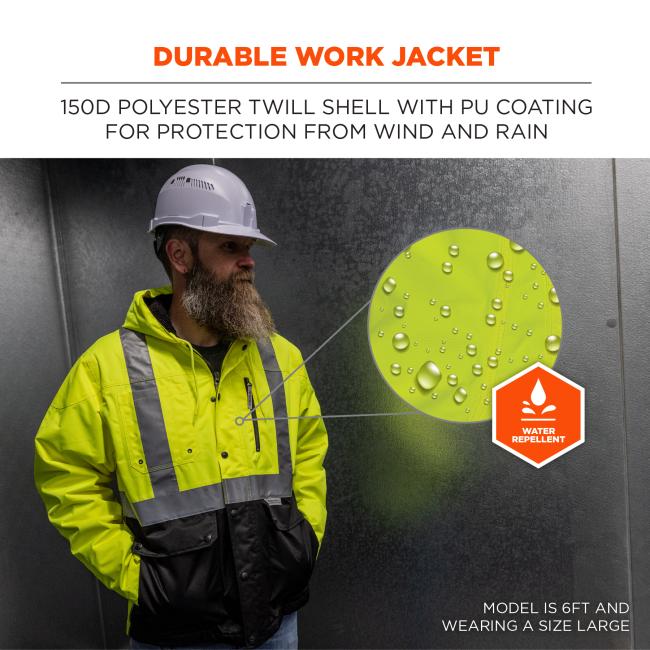 Durable work jacket. 150d polyester twill shell with pu coating for protection from wind and rain. Water repellent. Model is 6ft and wearing a size large