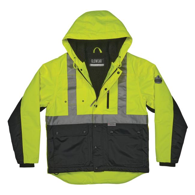 Front of heavy duty hi vis workwear jacket.