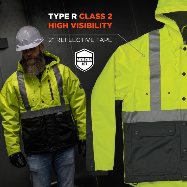 Type R class 2 high visibility: 2 inch reflective tape. Ansi/ISEA 107
