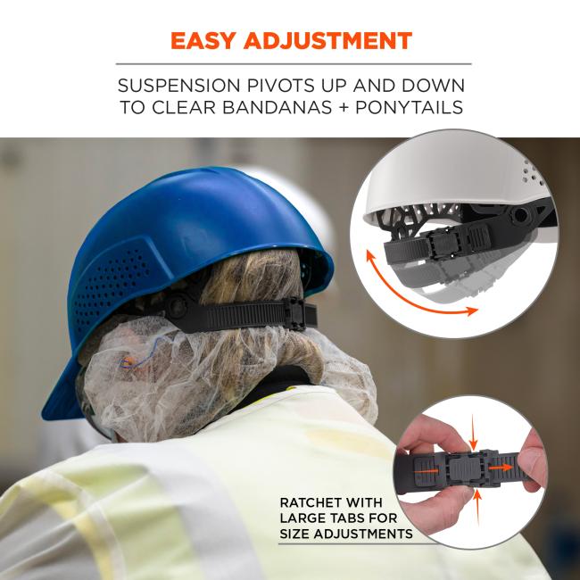 Easy adjustment: suspension pivots up and down to clear bandanas and ponytails. Ratchet with large tabs for size adjustments