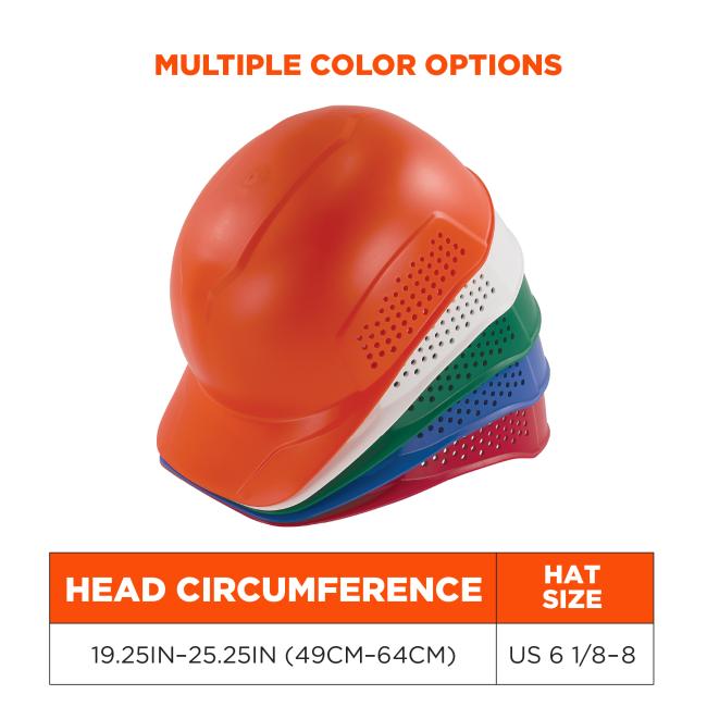 Multiple color options: white, blue, green, red and orange. Head circumference of 19.25 inches to 25.25 inches or 49cm to 64cm. Hat size of 6.5 to 8