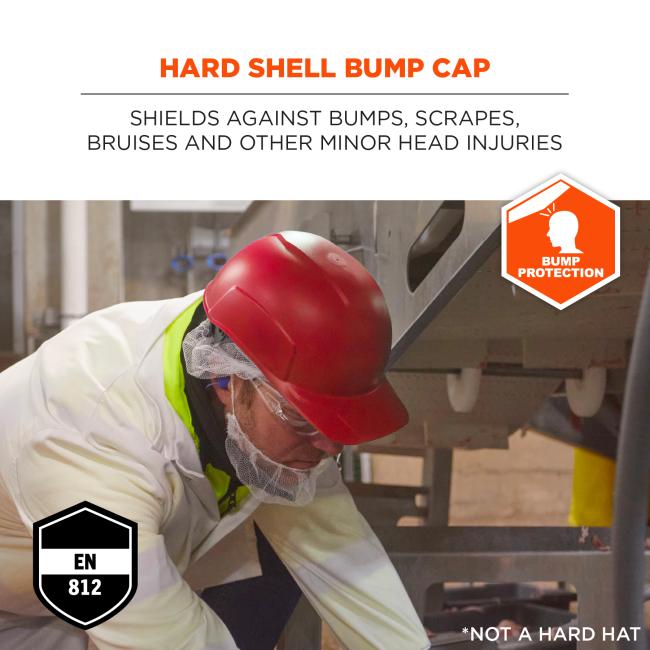 Hard shell bump cap: shields against bumps, scrapes, bruises and other minor head injuries. Bump protection, not a hard hat. EN 812 compliant