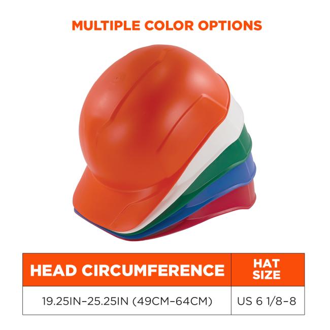 Multiple color options: white, blue, green, red and orange. Head circumference of 19.25 inches to 25.25 inches or 49cm to 64cm. Hat size of 6.5 to 8
