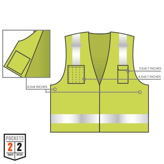 2 inner pockets (6.5x8 inches) and 2 outer pockets (3.5x6.7inches and 4.5x6.7 inches)