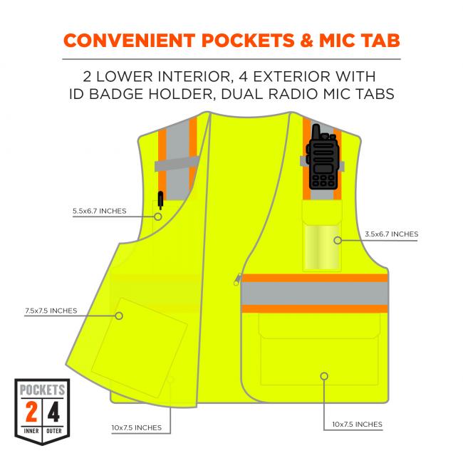 Convenient pocket & mic tab: 2 lower interior, 4 exterior with ID badge holder, dual radio mic tabs. Arrows point to pockets and say: 5.5x6.7 inches, 7.5x7.5 inches, 10x7.5 inches, 10x7.5 inches, 3.5x6.7 inches. Icon on lower left says POCKETS: 2 INNER, 4 OUTER. 