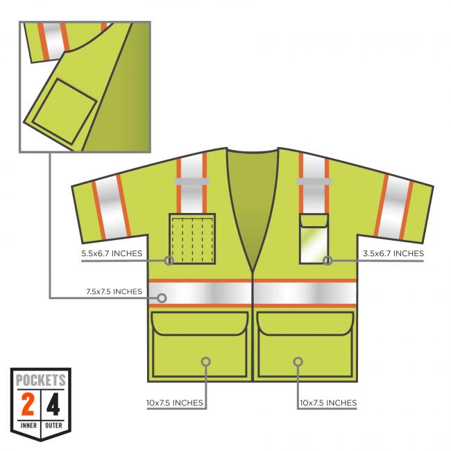 Arrows pointing to pockets say: 5.5x6.7in, 7.5x7.5in, 10x7.5in and 3.5x6.7in. Icon on bottom left says 2 inner pockets 4 outer pockets. 