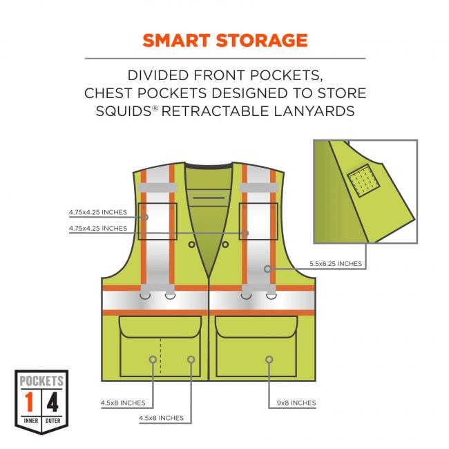 Smart storage: divided front pockets (9x8 inches, divided into 4.5x8 sections), chest pockets designed to store squids retractable lanyards (4.75x4.25 inches) image 7