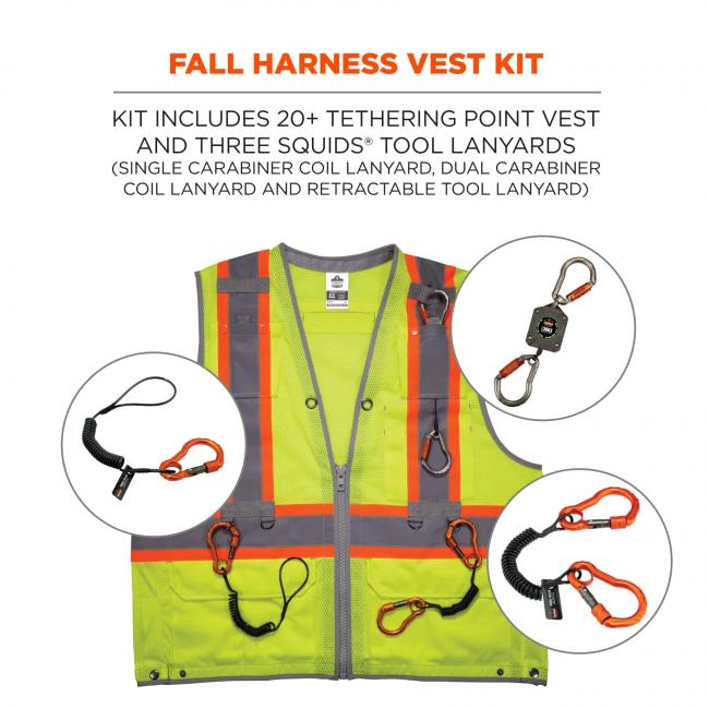 Full harness vest kit: kit includes 20+ tethering point vest and three Squids tool lanyards (single carabiner coil lanyard, dual carabiner coil lanyard, and retractable tool lanyard)