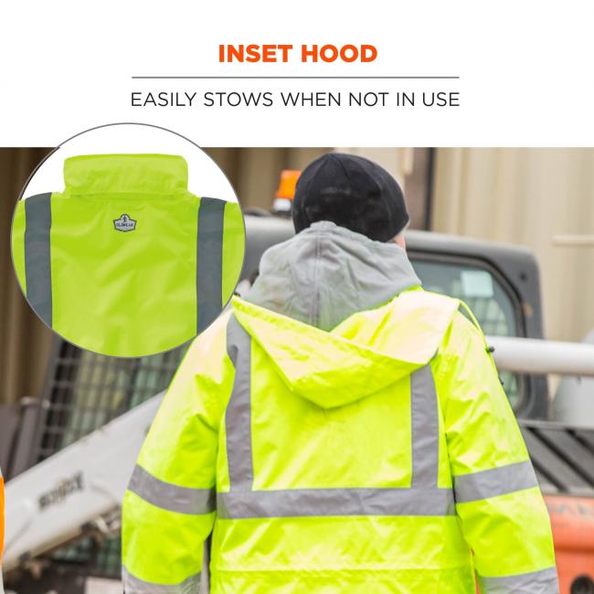 Inset hood: easily stows when not in use. Image shows hood vs no hood.