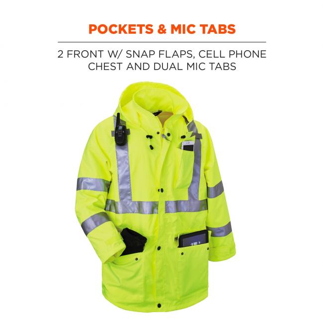 Pockets & mic tab: 2 front w/snap flaps, cell phone chest and dual mic tab