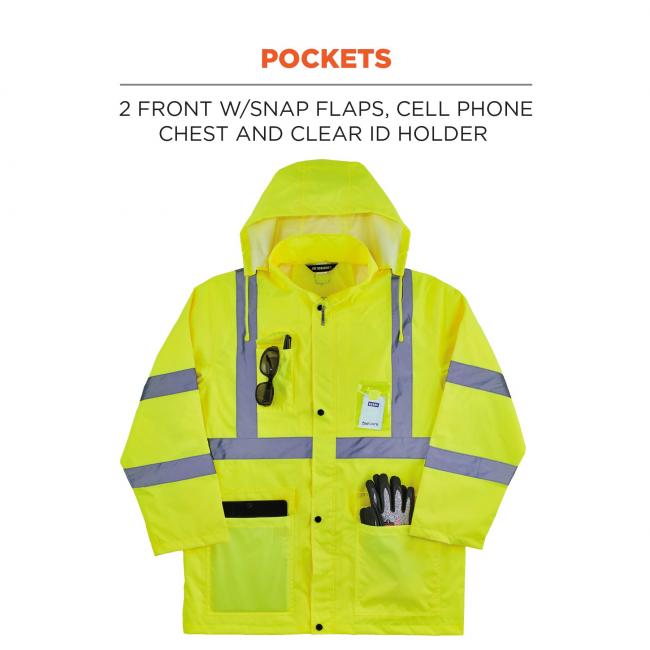 Pockets: 2 front w/snap flaps, cell phone chest and clear ID holder