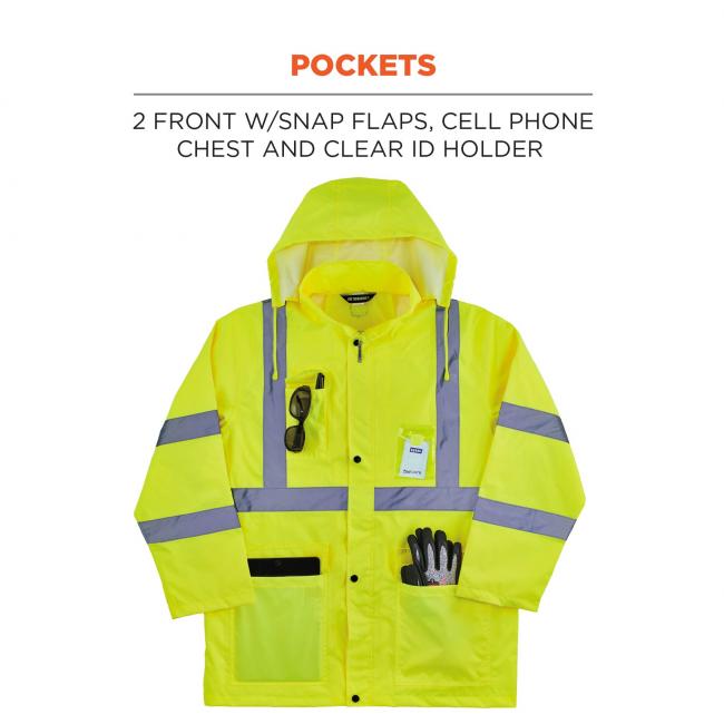 Pockets: 2 front w/snap flaps, cell phone chest and clear ID holder