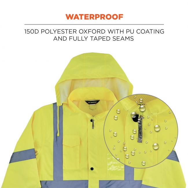 Waterproof: 150D polyester Oxford with PU coating and fully taped seams. Image shows detail of waterproof material. 