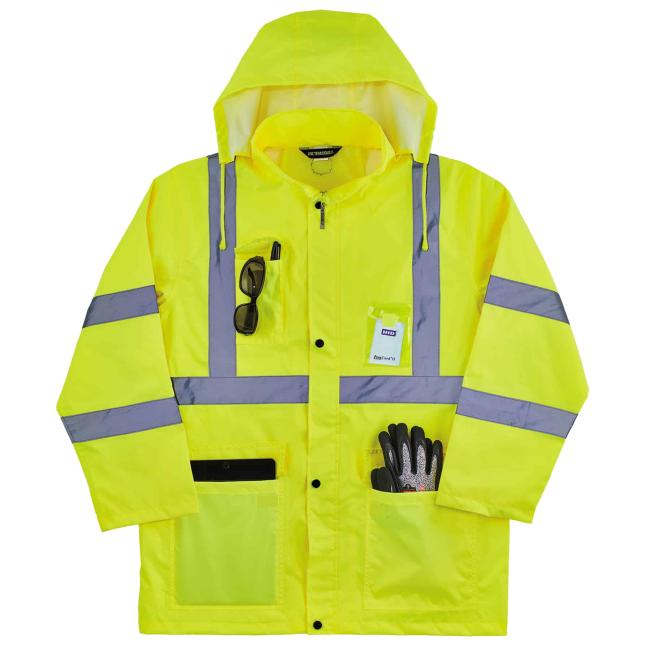 front of lime jacket with sunglasses and market in chest pocket, id card in clear pocket, tablet in lower pocket, and gloves in the other lower pocket image 3